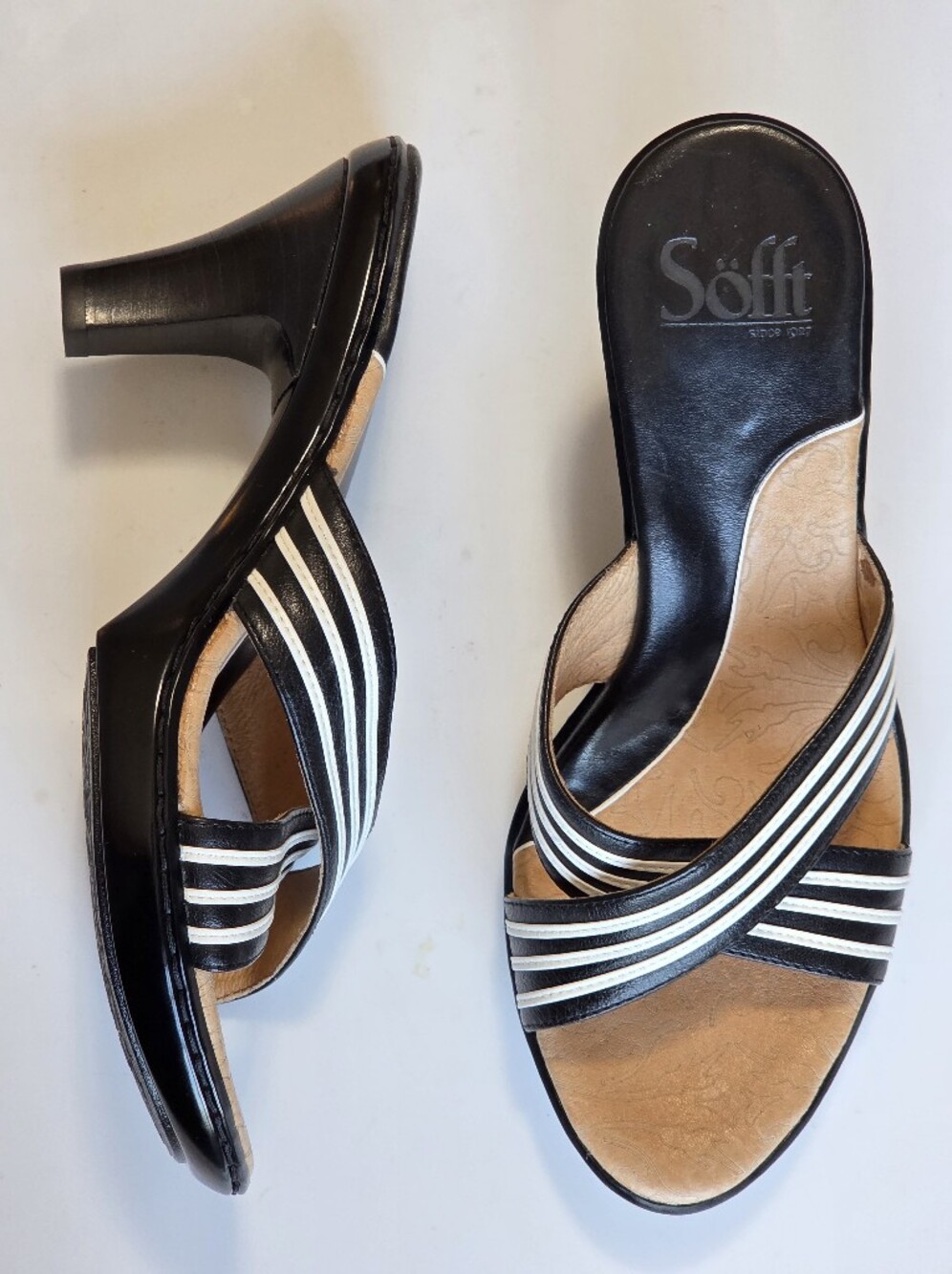 Söfft ⚓ ⛵ Black + White Striped Crisscross Slip On Heel Sandal Sz 7.5 Leather